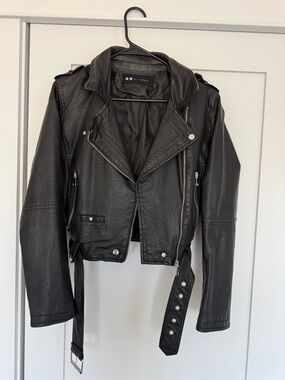 AB Studio Black Faux Leather Biker Jacket with Belt